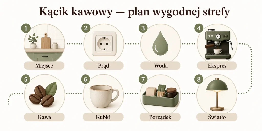 „Kącik kawowy — plan wygodnej strefy”. Na obrazie: miejsce, prąd, woda, ekspres, kawa, kubki, porządek
