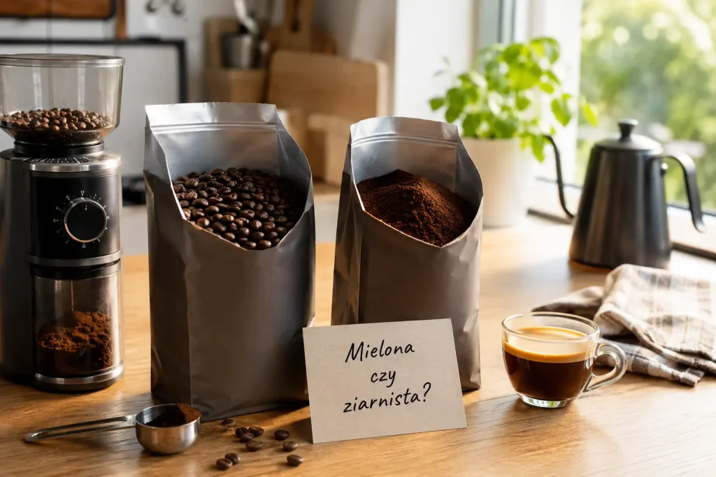 dwie otwarte paczki kawy na jasnym blacie — ziarna i kawa mielona, obok młynek, filiżanka espresso i krótki napis „Mielona czy ziarnista?”