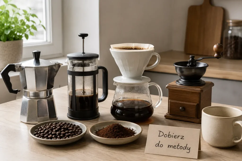 porównanie metod parzenia — kawiarka, french press i dripper na blacie, obok ziarna, kawa mielona i krótki napis „Dobierz do metody”
