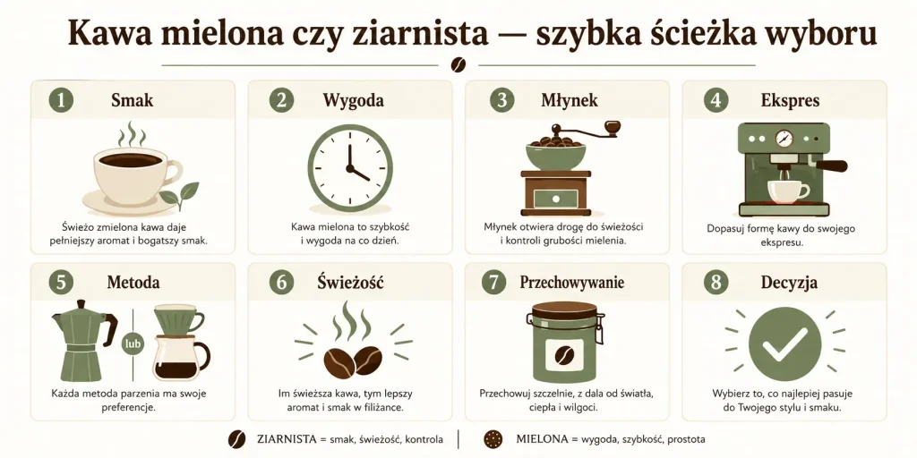 „Kawa mielona czy ziarnista — szybka ścieżka wyboru”. Na obrazie: smak, wygoda, młynek, ekspres, metoda, świeżość, przechowywanie, decyzja.