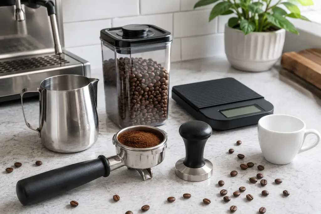 akcesoria do ekspresu kolbowego — tamper, kolba, dzbanek do mleka, waga i filiżanka espresso