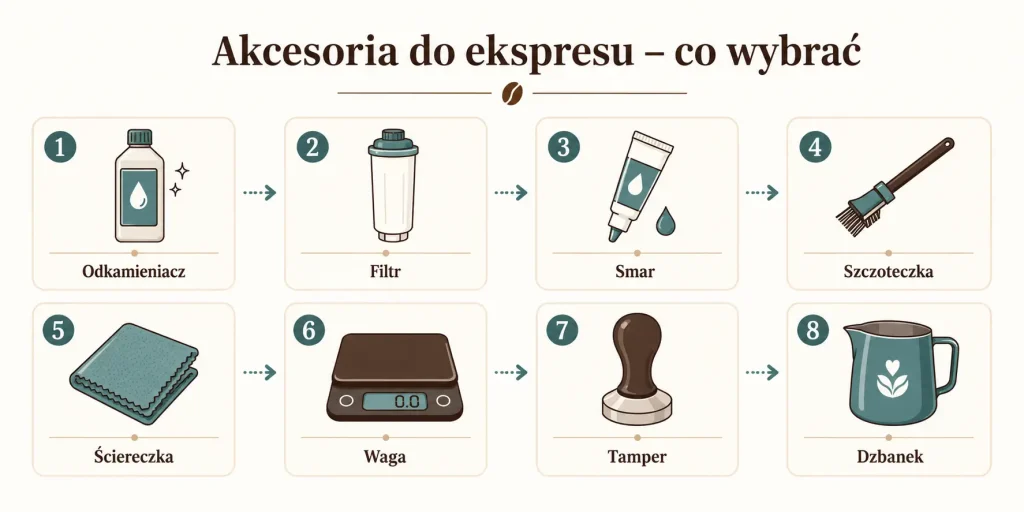 Akcesoria do ekspresu — odkamieniacz, filtr, smar, szczoteczka, ściereczka, waga, tamper, dzbanek