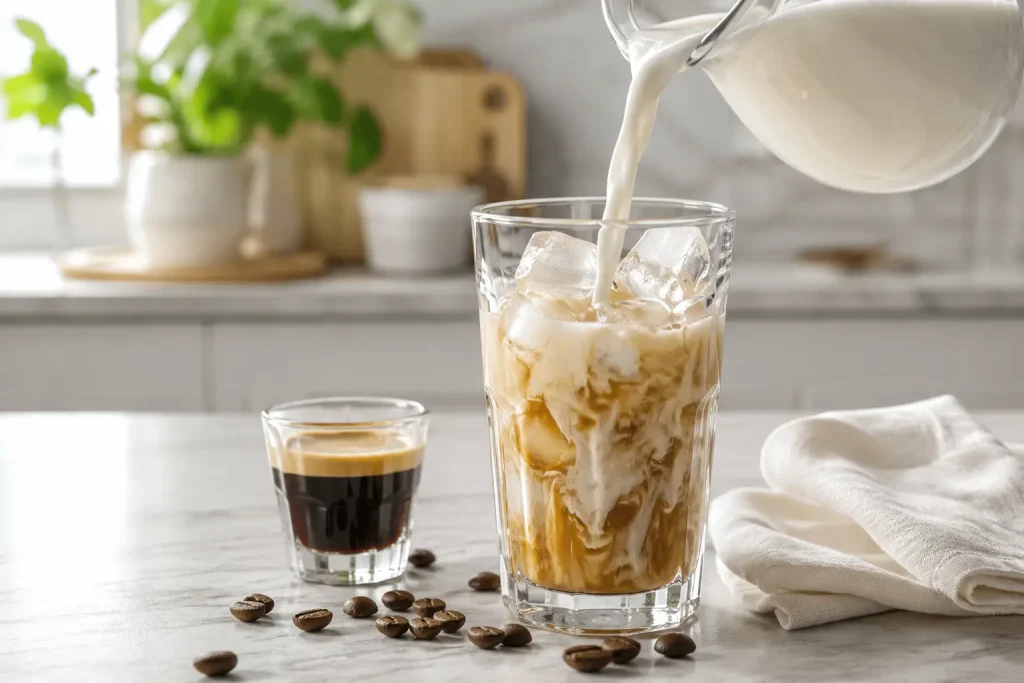 szklanka kawy mrożonej, espresso, kostki lodu, mleko, ziarna kawy i łyżeczka