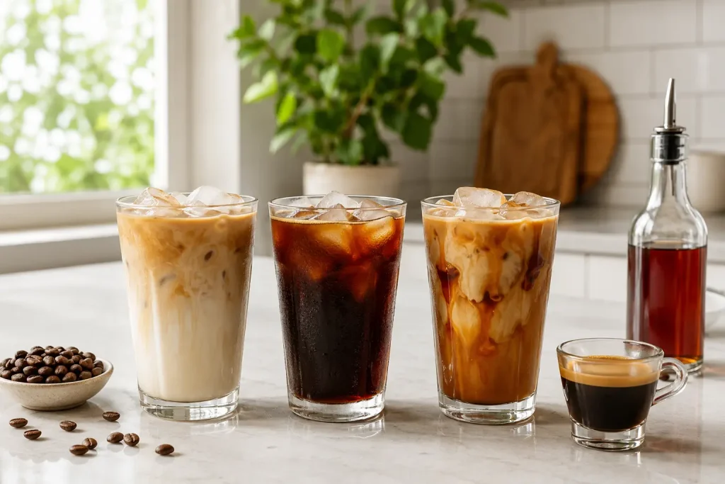 trzy warianty kawy mrożonej — iced latte, iced americano i kawa z syropem w jasnych szklankach