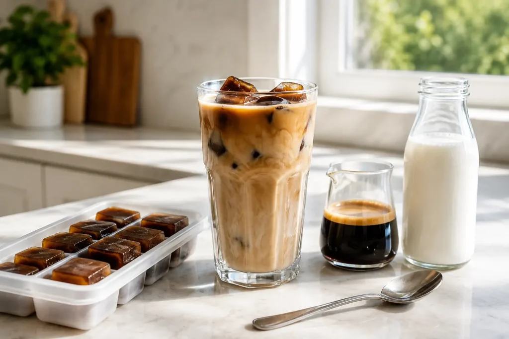 foremka z kostkami lodu z kawy, szklanka iced latte, espresso i mleko na jasnym blacie