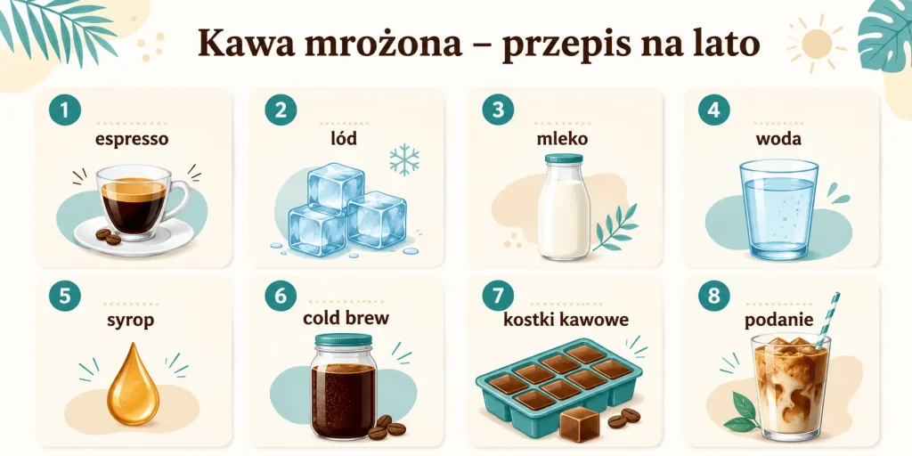 Kawa mrożona — espresso, lód, mleko, woda, syrop, cold brew, kostki kawowe, podanie