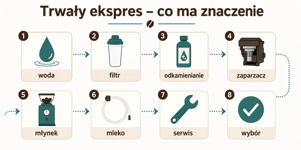 Trwałość ekspresu — woda, filtr, odkamienianie, zaparzacz, młynek, mleko, serwis, wybór modelu
