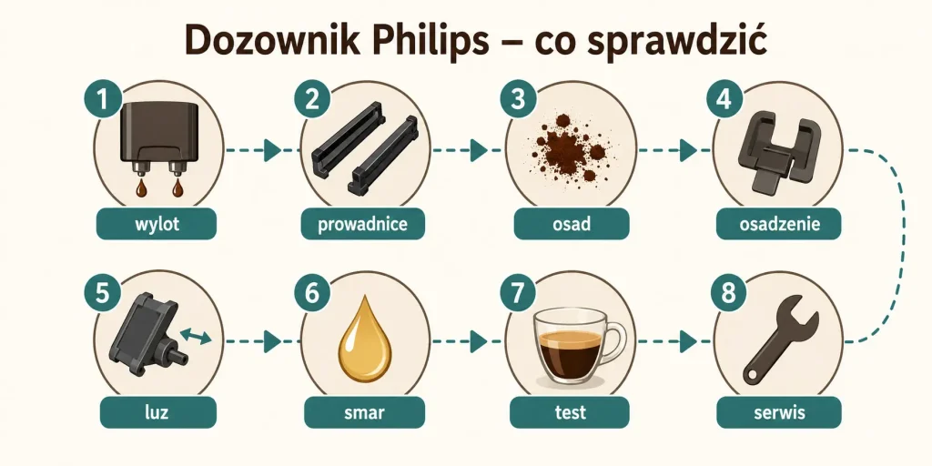 Dozownik Philips — czyszczenie, prowadnice, osadzenie, luz, smar, test, wymiana, serwis