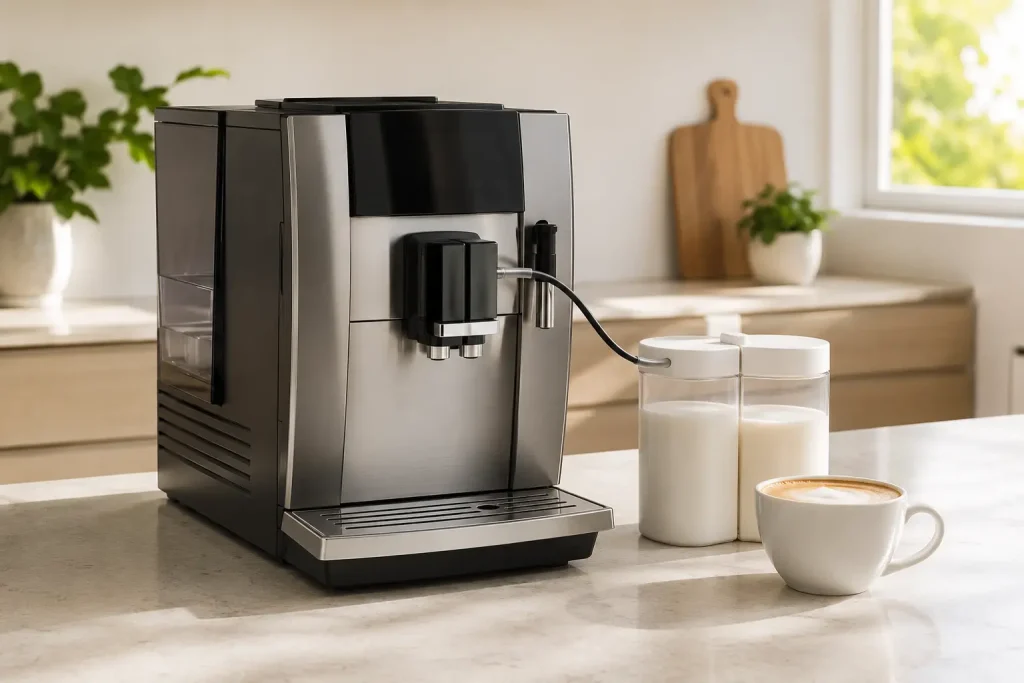 Na zdjęciu widać ekspres Philips na jasnym blacie kuchennym, filiżankę kawy i element systemu mlecznego LatteGo.
