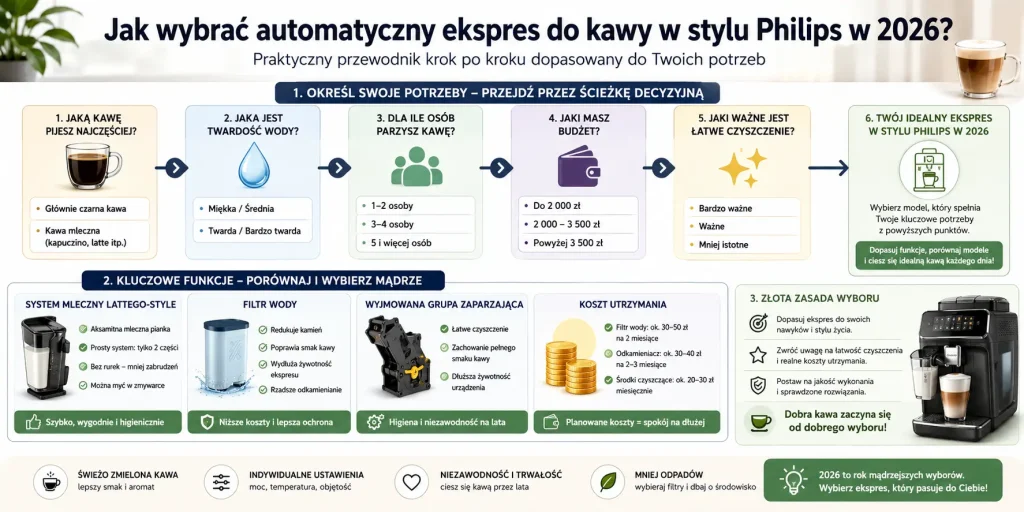 kawy czarne, kawy mleczne, twarda woda, liczba domowników, budżet oraz rekomendowany typ modelu