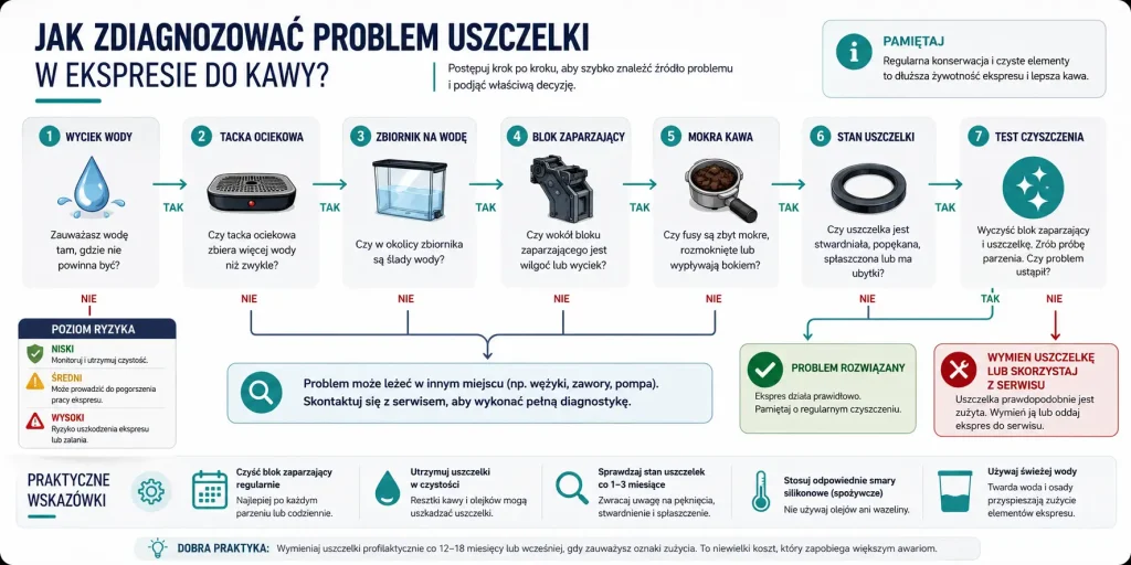 wyciek, tacka, zbiornik, zaparzacz, mokre fusy, stan gumy, czyszczenie, test przepływu i decyzja: wymiana samodzielna albo serwis