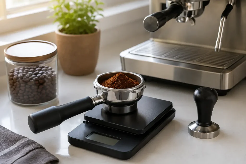 Na zdjęciu widać kolbę na wadze, odmierzoną porcję zmielonej kawy, tamper i filiżankę espresso.