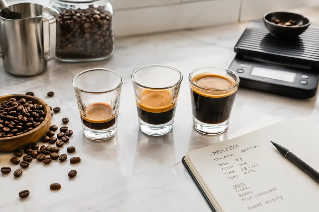 Na zdjęciu widać trzy filiżanki: ristretto, espresso i lungo, ustawione obok wagi oraz ziaren kawy.