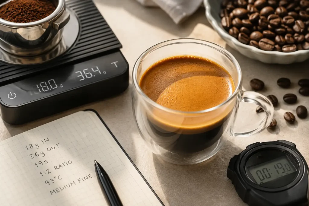 Na zdjęciu widać świeżo zaparzone espresso z cremą, wagę, stoper i zapisane parametry parzenia.