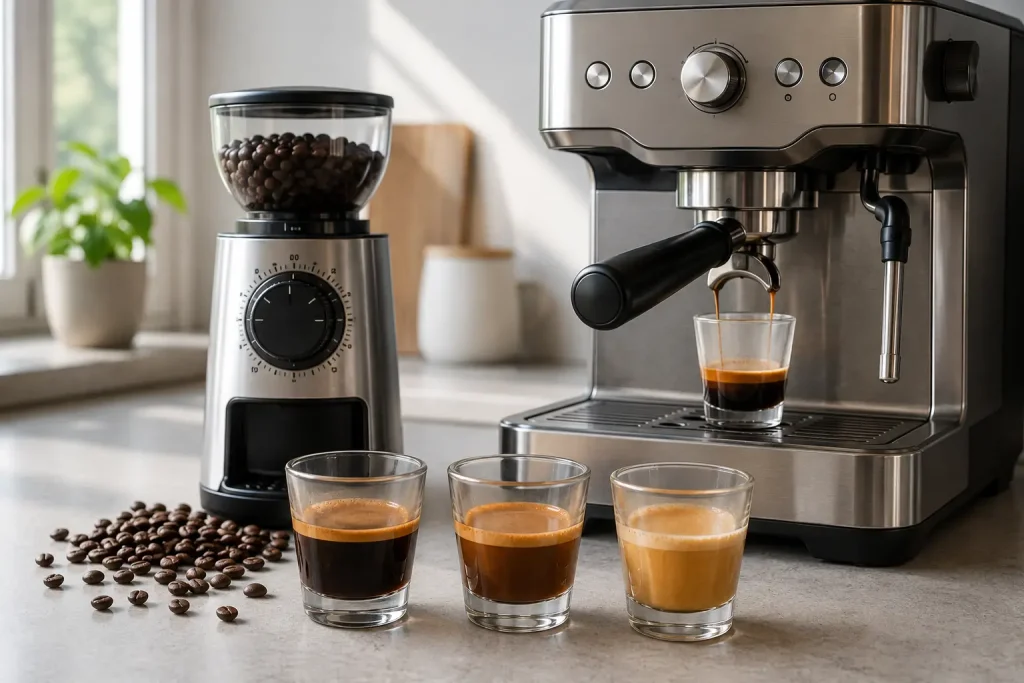 Na zdjęciu widać pokrętło regulacji młynka w ekspresie automatycznym, ziarna kawy i filiżankę espresso.