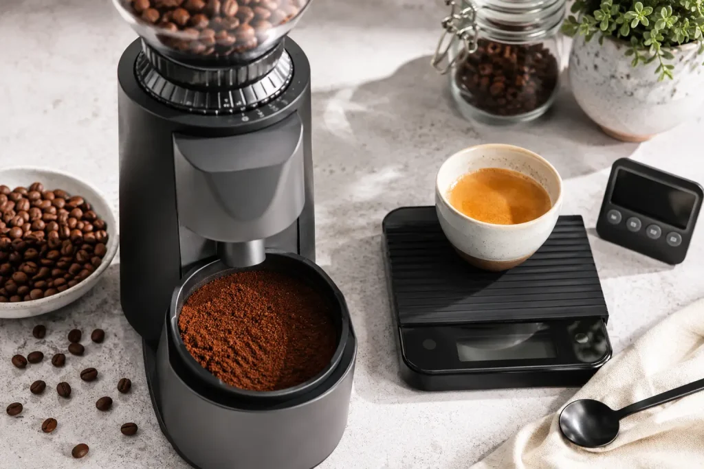 Na zdjęciu widać młynek, różne stopnie zmielenia kawy w małych miseczkach i filiżankę espresso.