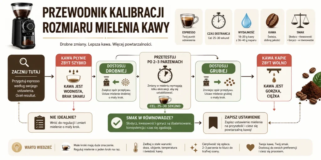 kawa leci za szybko, kawa jest wodnista, kawa kapie zbyt wolno, kawa jest gorzka, korekta drobniej lub grubiej, test po 2–3 parzeniach i zapis ustawienia.