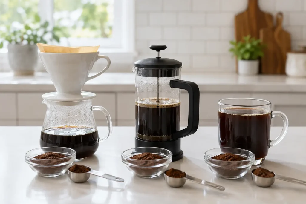 Na zdjęciu widać kawę parzoną trzema metodami: przelew, French press i filiżankę kawy sypanej, obok odmierzone porcje kawy.