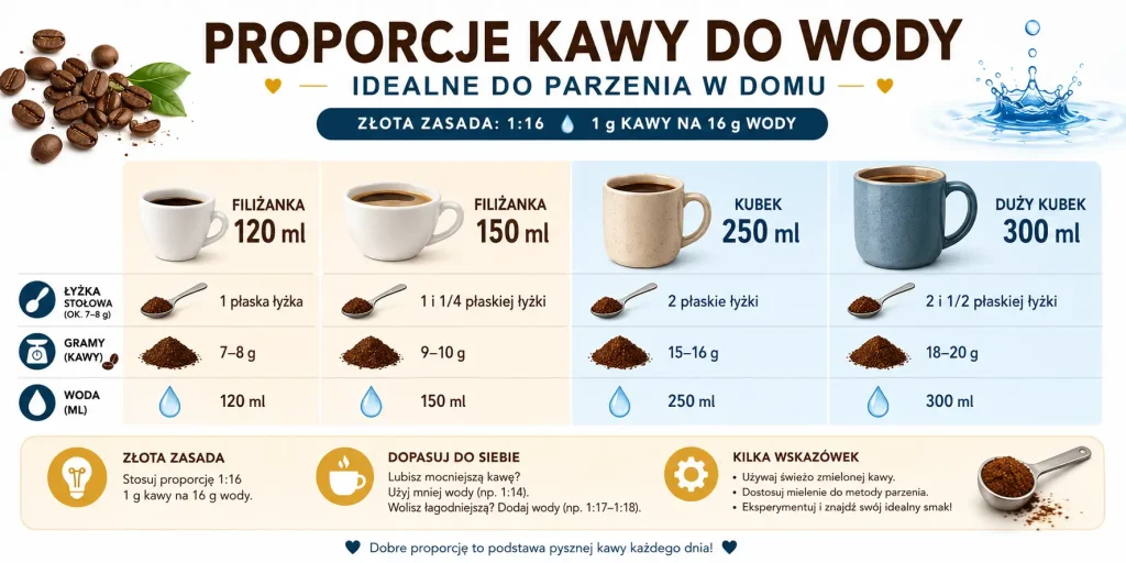 proporcje kawy do wody dla filiżanki 120 ml, 150 ml, kubka 250 ml i dużego kubka 300 ml, z porównaniem łyżki i gramów.