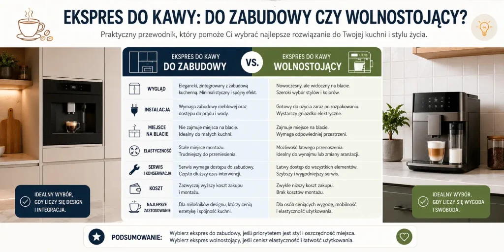porównanie: nowa kuchnia, gotowa kuchnia, mały blat, budżet, serwis, estetyka, elastyczność oraz rekomendację „zabudowa” albo „wolnostojący”