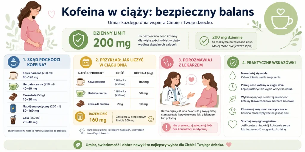 dzienny limit 200 mg, źródła kofeiny, przykład liczenia kawy i herbaty, miejsce na konsultację lekarską oraz przypomnienie, że decyzja zależy od sytuacji ciężarnej.
