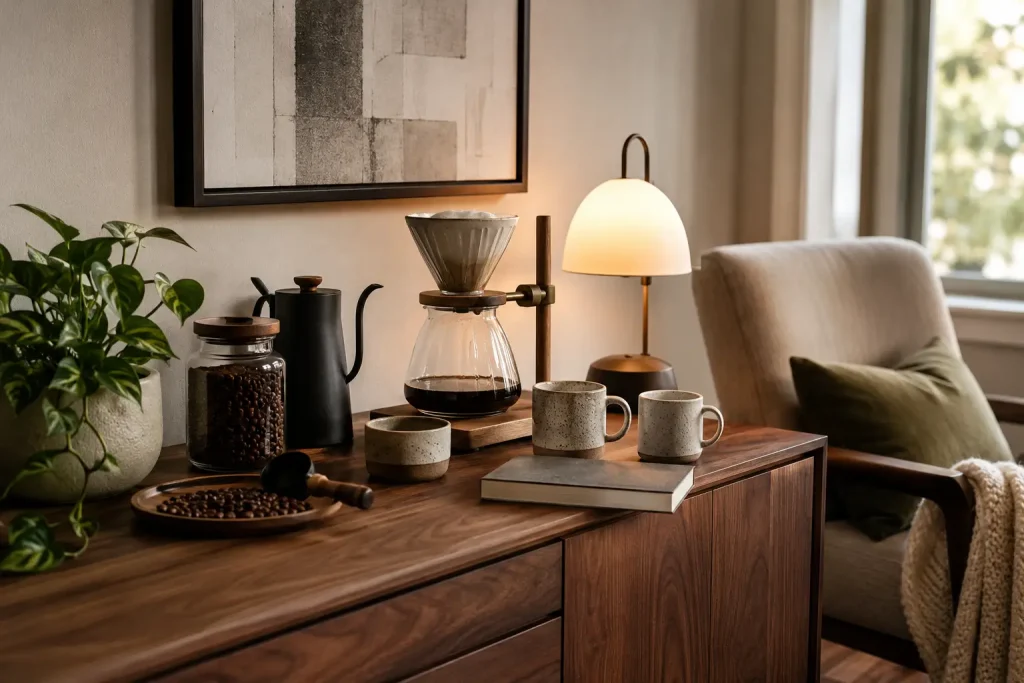 Na zdjęciu widać mały coffee bar na komodzie, z filiżankami, słoikiem kawy, tacą i rośliną.
