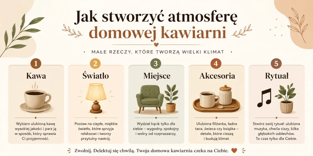 pięć filarów klimatu: kawa, światło, miejsce, akcesoria i rytuał, z krótkimi wskazówkami do każdego elementu.