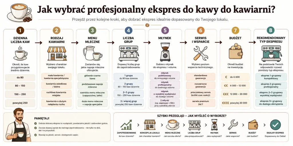 ścieżkę decyzji: liczba kaw dziennie, typ lokalu, menu mleczne, liczba grup, młynek, serwis, budżet i rekomendowany typ ekspresu.