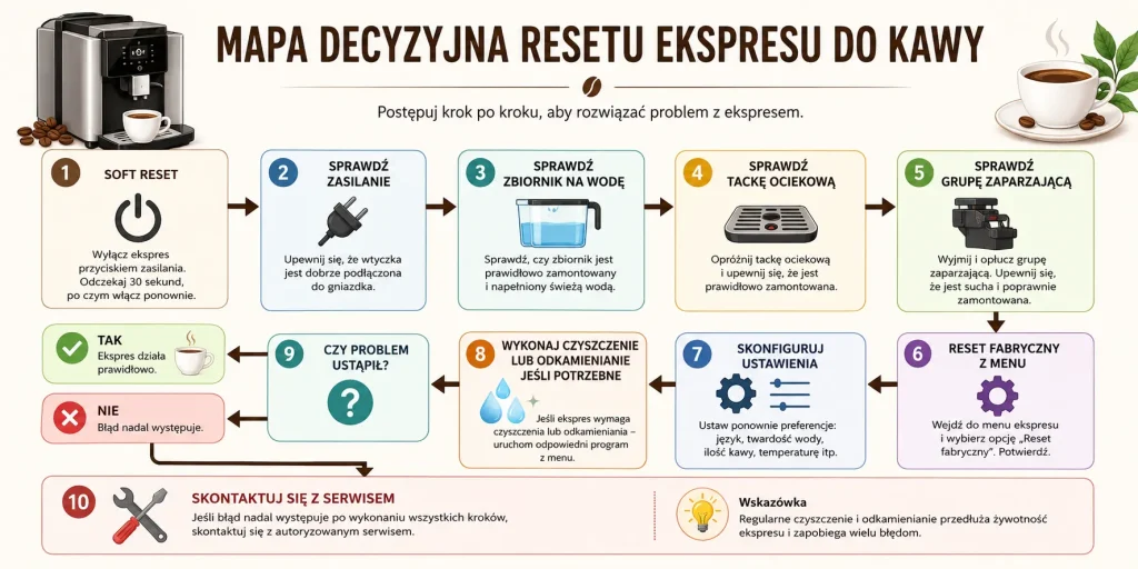 miękki reset, sprawdzenie zbiornika, tacki i zaparzacza, reset fabryczny z menu, ponowna konfiguracja, konserwacja oraz moment, w którym potrzebny jest serwis.