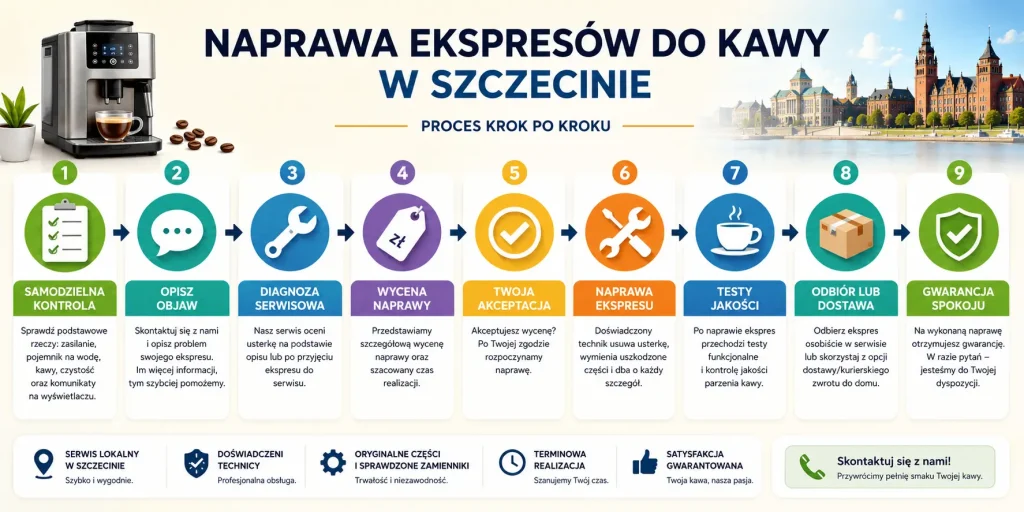 samodzielna kontrola, opis objawu, diagnoza serwisowa, wycena, akceptacja, naprawa, testy, odbiór i gwarancja.