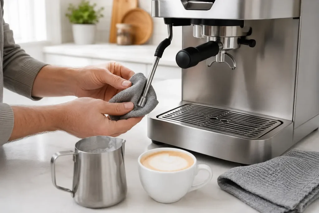 Na zdjęciu widać czyszczenie dyszy pary, dzbanek do mleka, wilgotną ściereczkę i filiżankę cappuccino.