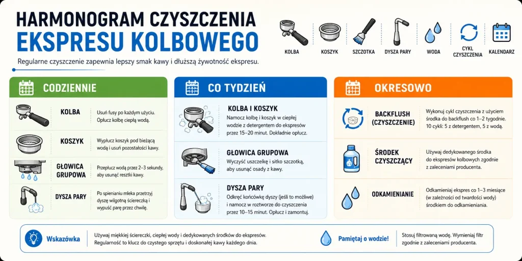 podział na codzienne, tygodniowe i okresowe czynności: kolba, sitko, grupa, dysza pary, backflush, środki czyszczące i odkamienianie.