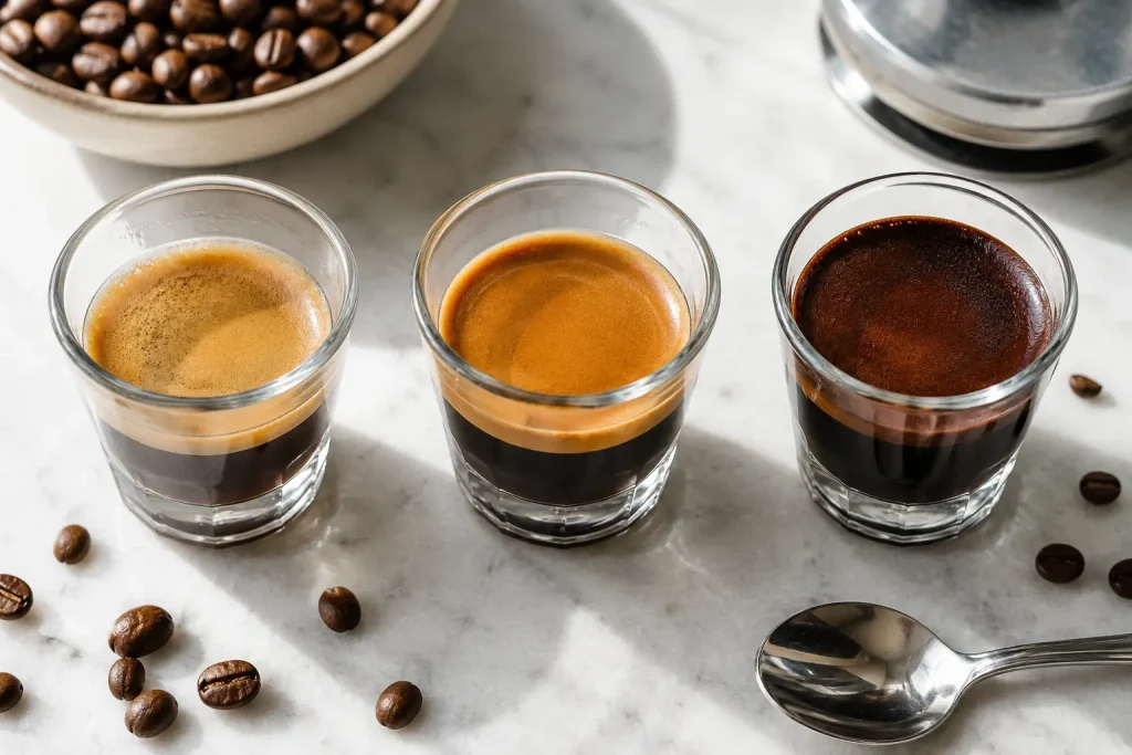Na zdjęciu widać świeżo zaparzone espresso z wyraźną cremą, filiżankę, ziarna kawy i ekspres ciśnieniowy.
