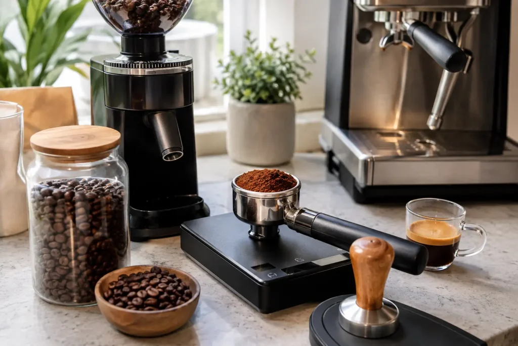 Na zdjęciu widać trzy filiżanki espresso z różną cremą: jasną, prawidłową i zbyt ciemną.