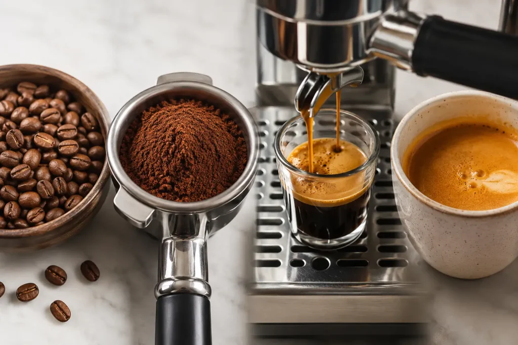 Na zdjęciu widać przygotowanie espresso: świeże ziarna, młynek, kolbę, wagę i filiżankę z cremą.