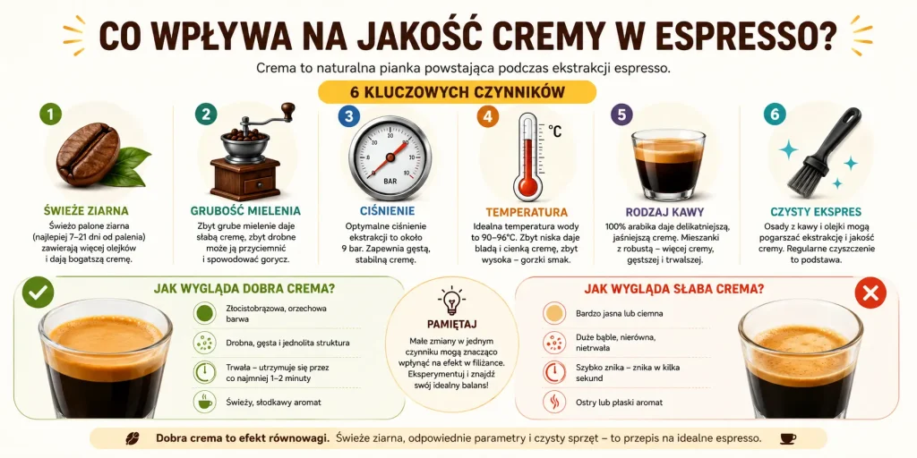 czynniki wpływające na cremę: świeżość ziaren, mielenie, ciśnienie, temperatura, rodzaj kawy, czystość ekspresu oraz najczęstsze objawy słabej pianki.