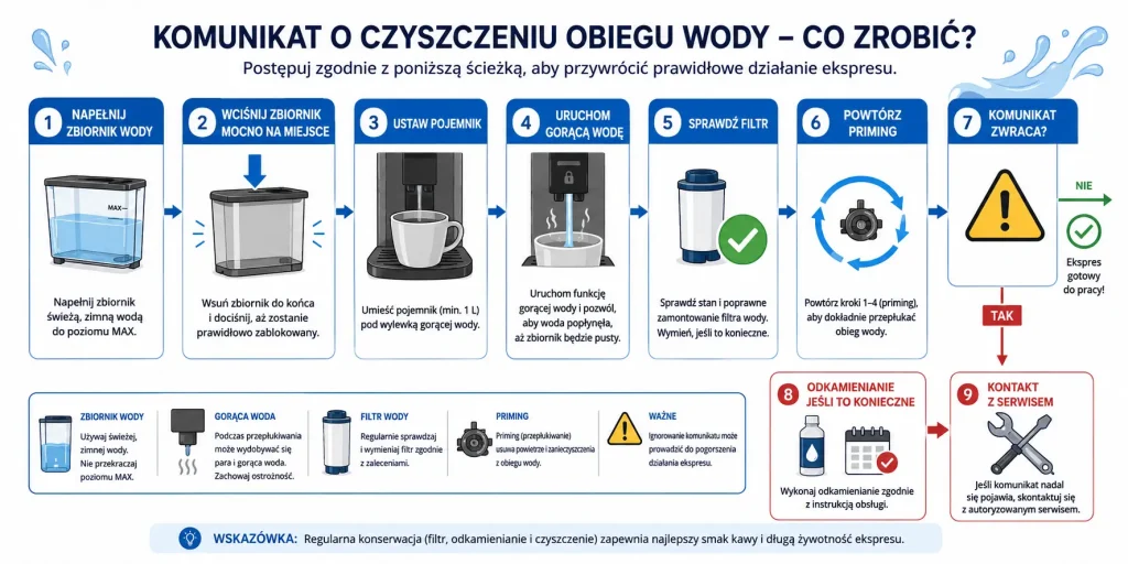  kolejność działań: napełnij zbiornik, dociśnij zbiornik, podstaw naczynie, uruchom gorącą wodę, sprawdź filtr, powtórz odpowietrzanie, wykonaj odkamienianie lub skontaktuj się z serwisem.