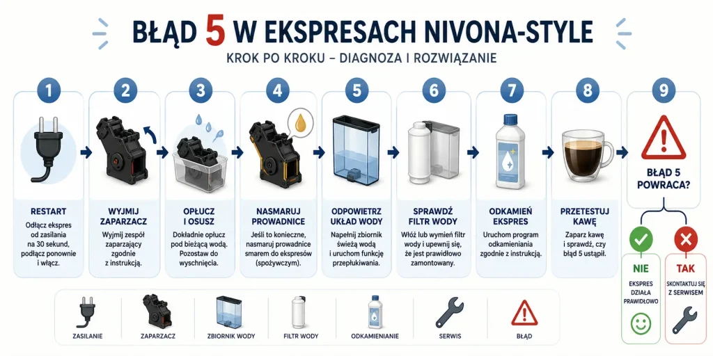 kolejność działań: restart, blok zaparzający, czyszczenie, smarowanie, odpowietrzanie, odkamienianie, test kawy i kontakt z serwisem, jeśli komunikat wraca.