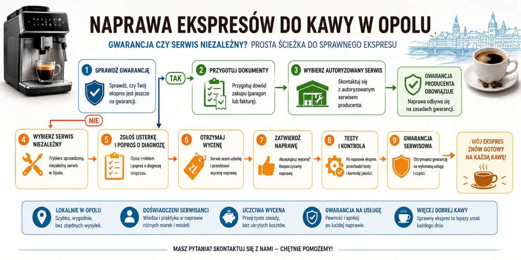 ścieżkę decyzji: gwarancja, dokument zakupu, autoryzowany punkt, serwis niezależny, diagnoza, wycena, naprawa, testy i gwarancja na usługę.