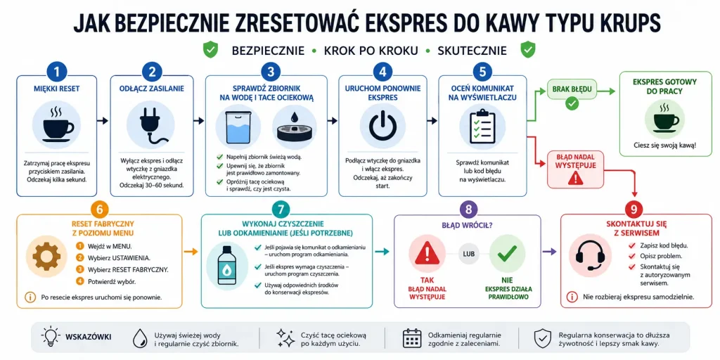 ścieżkę decyzji: wyłącz ekspres, odłącz od prądu, sprawdź zbiornik i tackę, uruchom ponownie, oceń komunikat, wykonaj reset fabryczny z menu, zrób konserwację albo skontaktuj się z serwisem.
