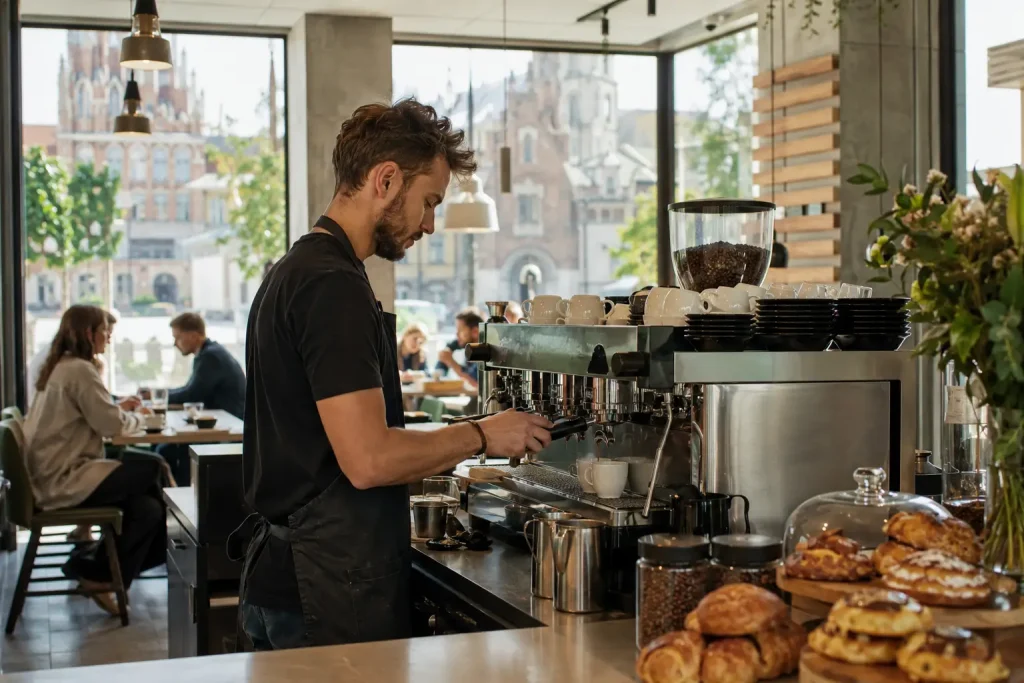 Na zdjęciu widać miejską kawiarnię, filiżanki espresso, kawę na wynos, baristę przy ekspresie i jasne wnętrze lokalu.