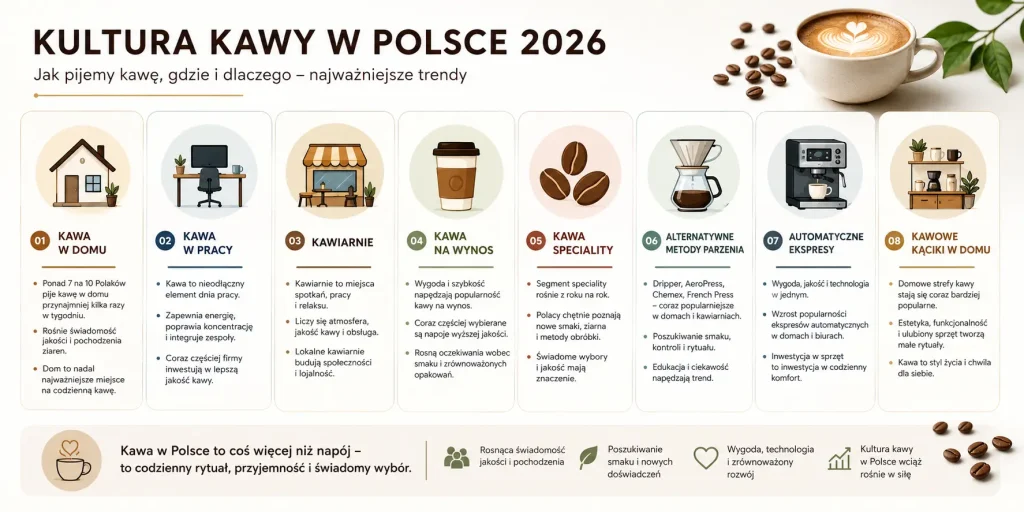 najważniejsze obszary: kawa w domu, kawa w pracy, kawiarnie, kawa na wynos, speciality, metody alternatywne, ekspresy automatyczne i domowe kąciki kawowe