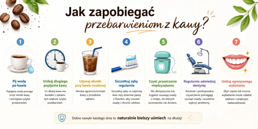 główne kroki: pij wodę po kawie, ogranicz długie sączenie, używaj słomki przy kawie mrożonej, szczotkuj regularnie, czyść przestrzenie międzyzębowe, odwiedzaj dentystę i nie wybielaj agresywnie bez konsultacji.