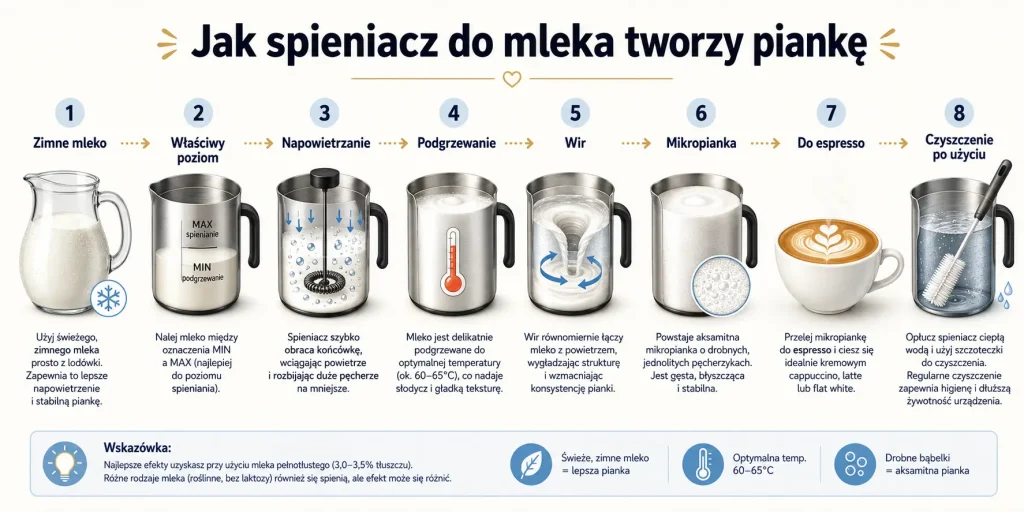 kolejne etapy: zimne mleko, właściwy poziom, napowietrzanie, podgrzewanie, wir, mikropianka, dolanie do espresso i szybkie czyszczenie urządzenia