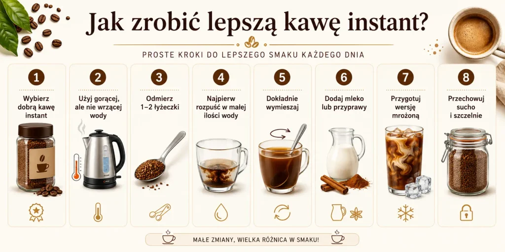 kolejność działań: dobra kawa instant, niewrząca woda, właściwa proporcja, dokładne mieszanie, mleko lub dodatki, wersja na zimno i przechowywanie w suchym słoiku