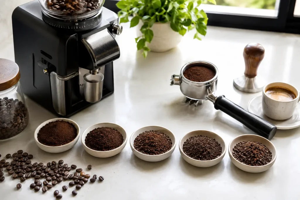 Na zdjęciu widać porównanie ręcznego młynka żarnowego, elektrycznego młynka, ziaren kawy i filiżanki espresso.