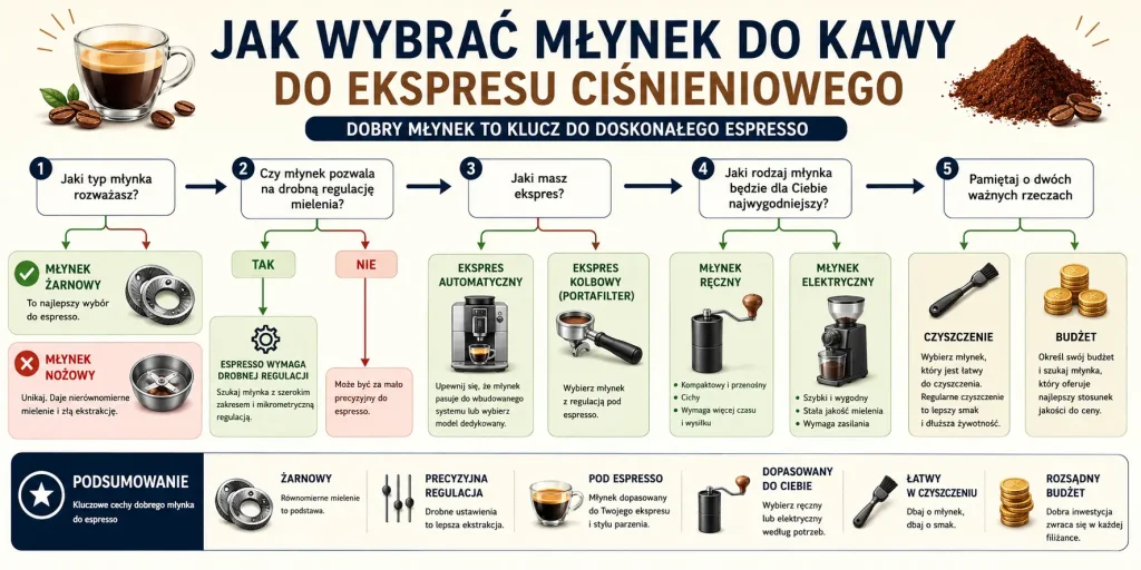 ścieżkę decyzji: ekspres automatyczny, ekspres kolbowy, espresso, przelew, młynek żarnowy, regulacja, czyszczenie i budżet.