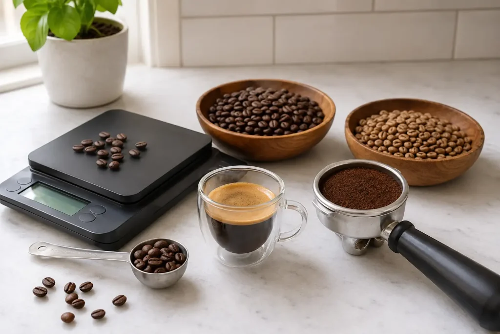 Na zdjęciu widać porównanie espresso, cappuccino, americano i kawy przelewowej na jasnym stole.