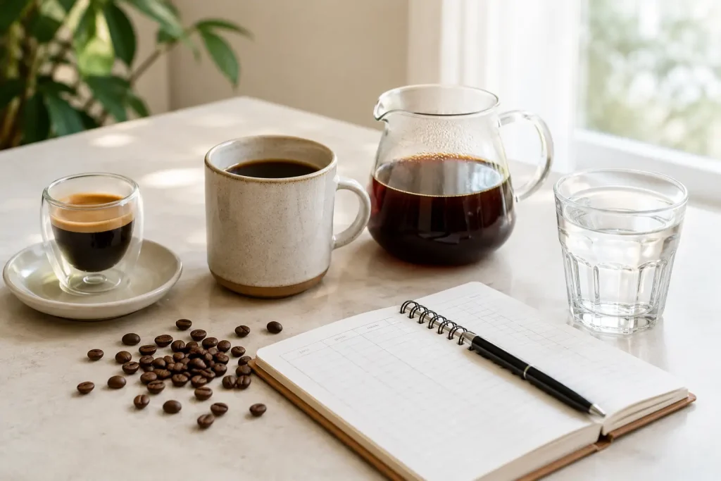Na zdjęciu widać espresso, kawę bezkofeinową, ziarna arabiki i robusty oraz prostą kartę porównawczą bez widocznych napisów.