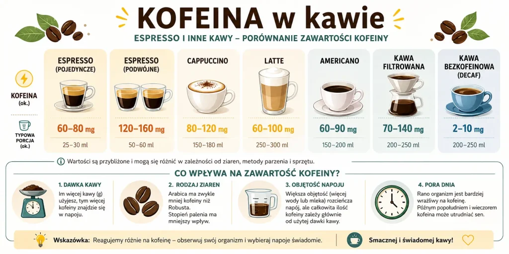 porównanie: espresso single, espresso double, cappuccino, latte, americano, kawa przelewowa, decaf oraz czynniki wpływające na kofeinę: dawka, ziarna, objętość i pora dnia.